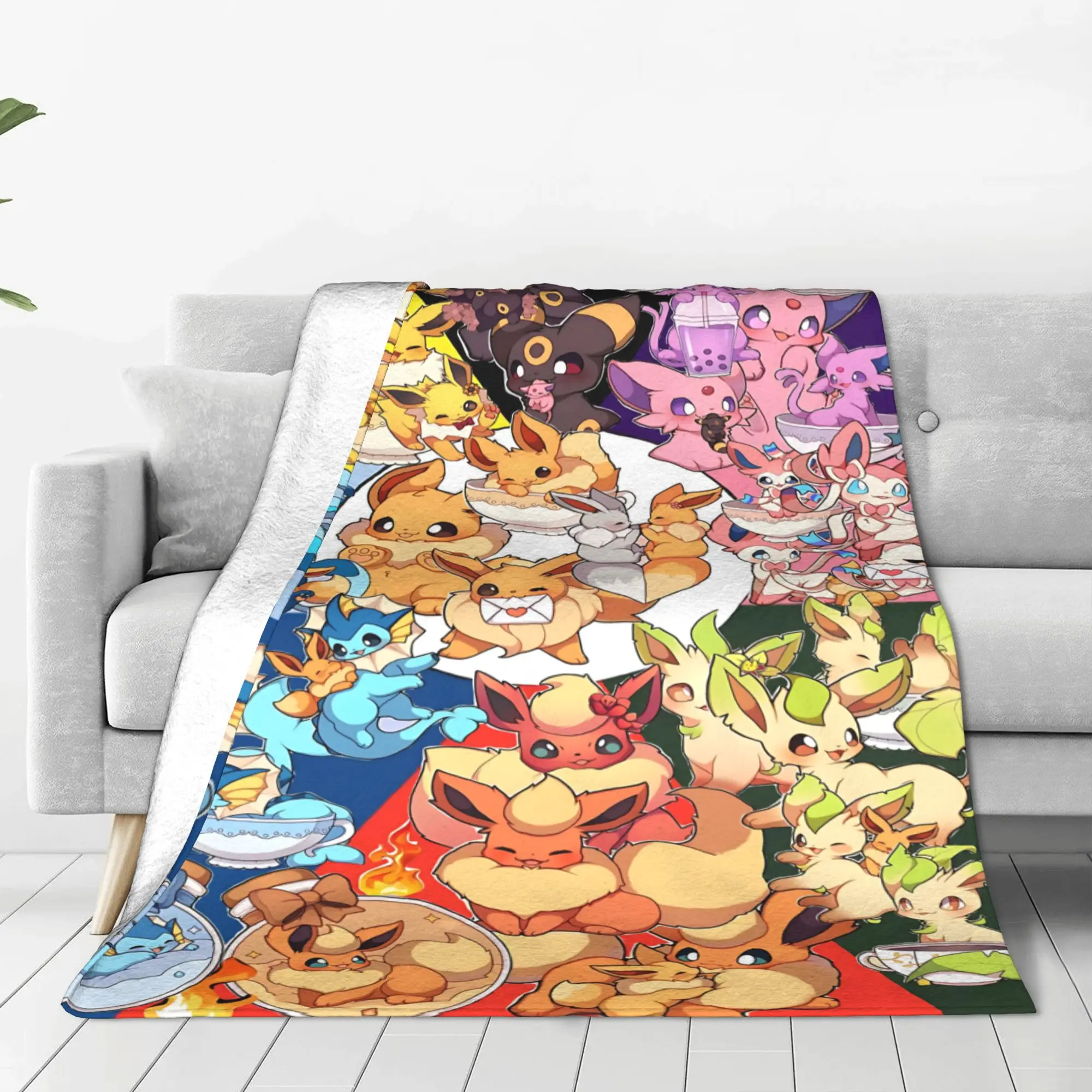 1PC home Cutecore Pokemon Theme Eeveelution Collage  Blanket Super Cosy Plush Home Living Room Sofa halloween