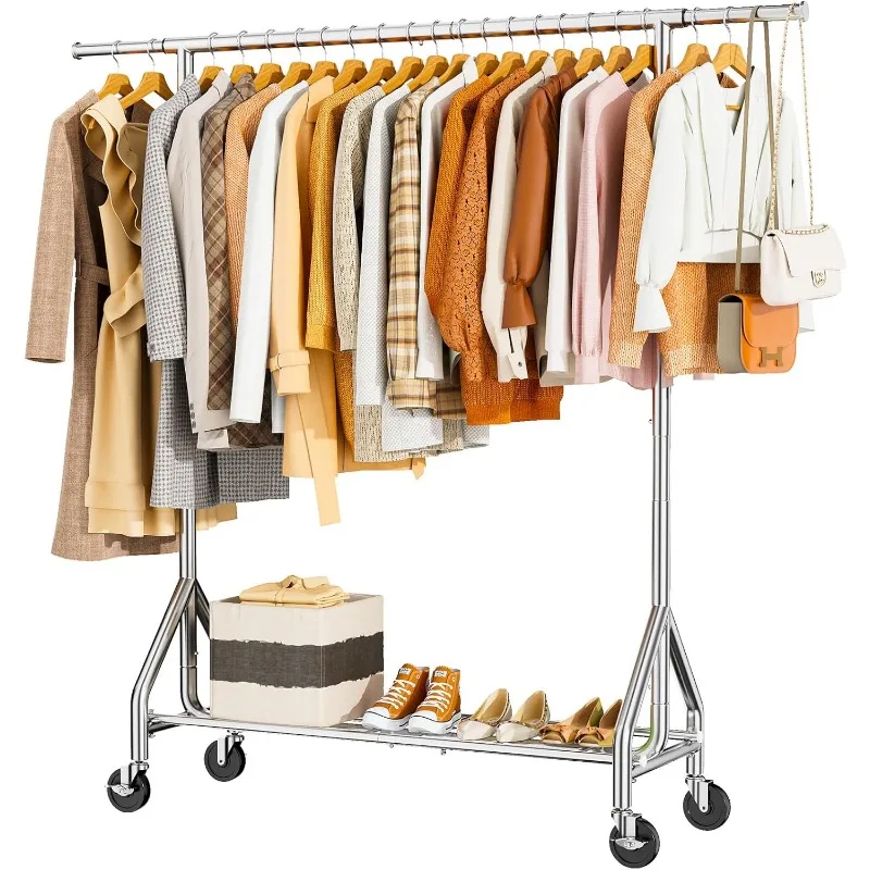 Duty Clothes Rack Load 450 LBS, Metal Garment Rack, Standing Rolling Clothing Rack for Hanging Clothes with Sturdy Wheels