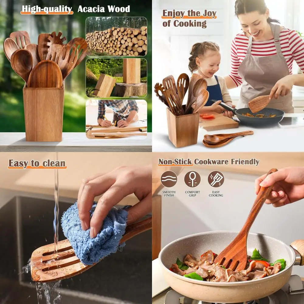 

Natural Acacia Wood Cooking Utensil Set, 11-Piece Kitchen Tools with Holder, Nonstick and Easy Clean, Ideal Gift for Moms and Wi