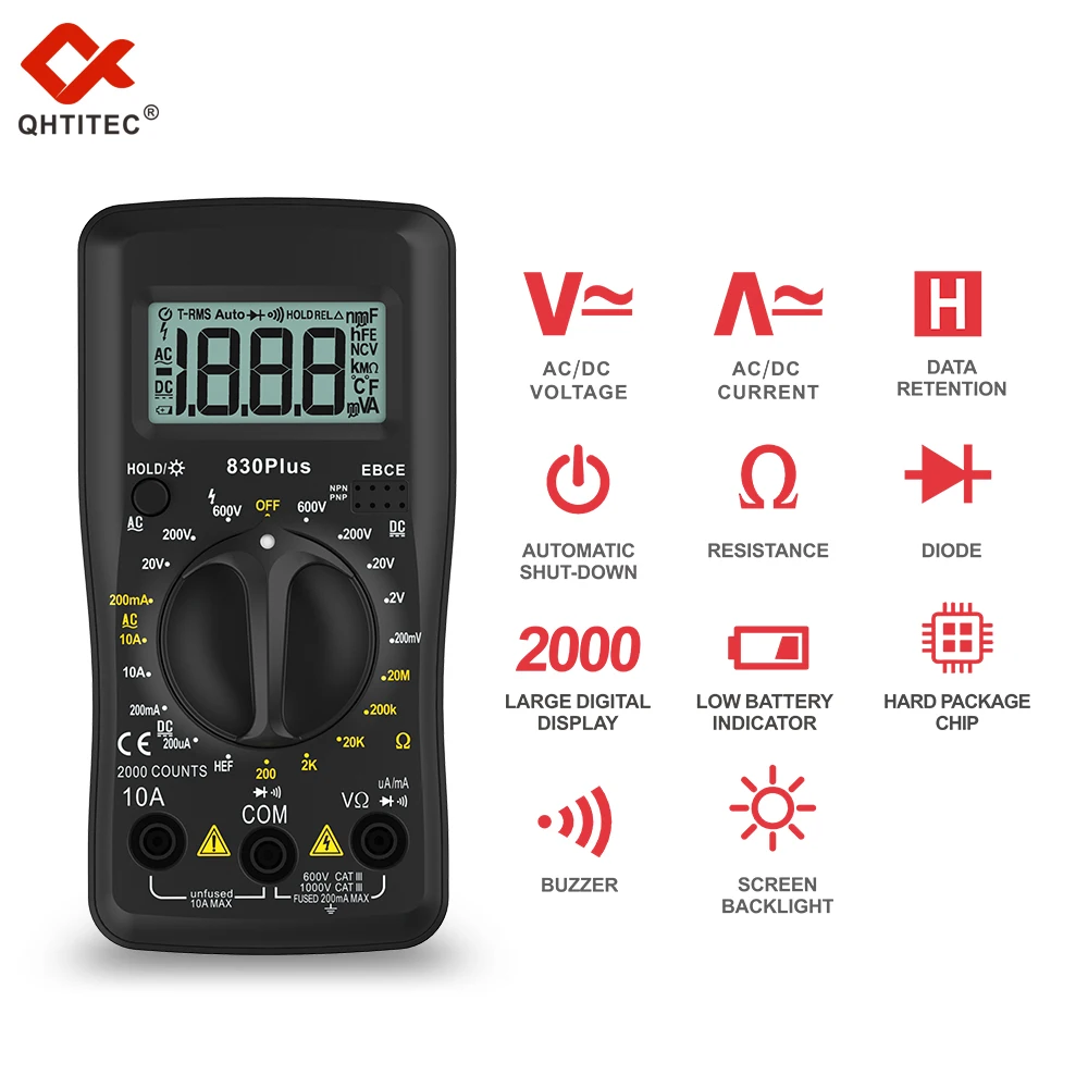 Qhtitec 830plus มัลติมิเตอร์แบบดิจิทัล ac/dc votage ปัจจุบันที่แท้จริง RMS เครื่องทดสอบอัตโนมัติ2000นับโอห์มแอมมิเตอร์มัลติมิเตอร์แบบใช้มือถือมัลติมิเตอร์