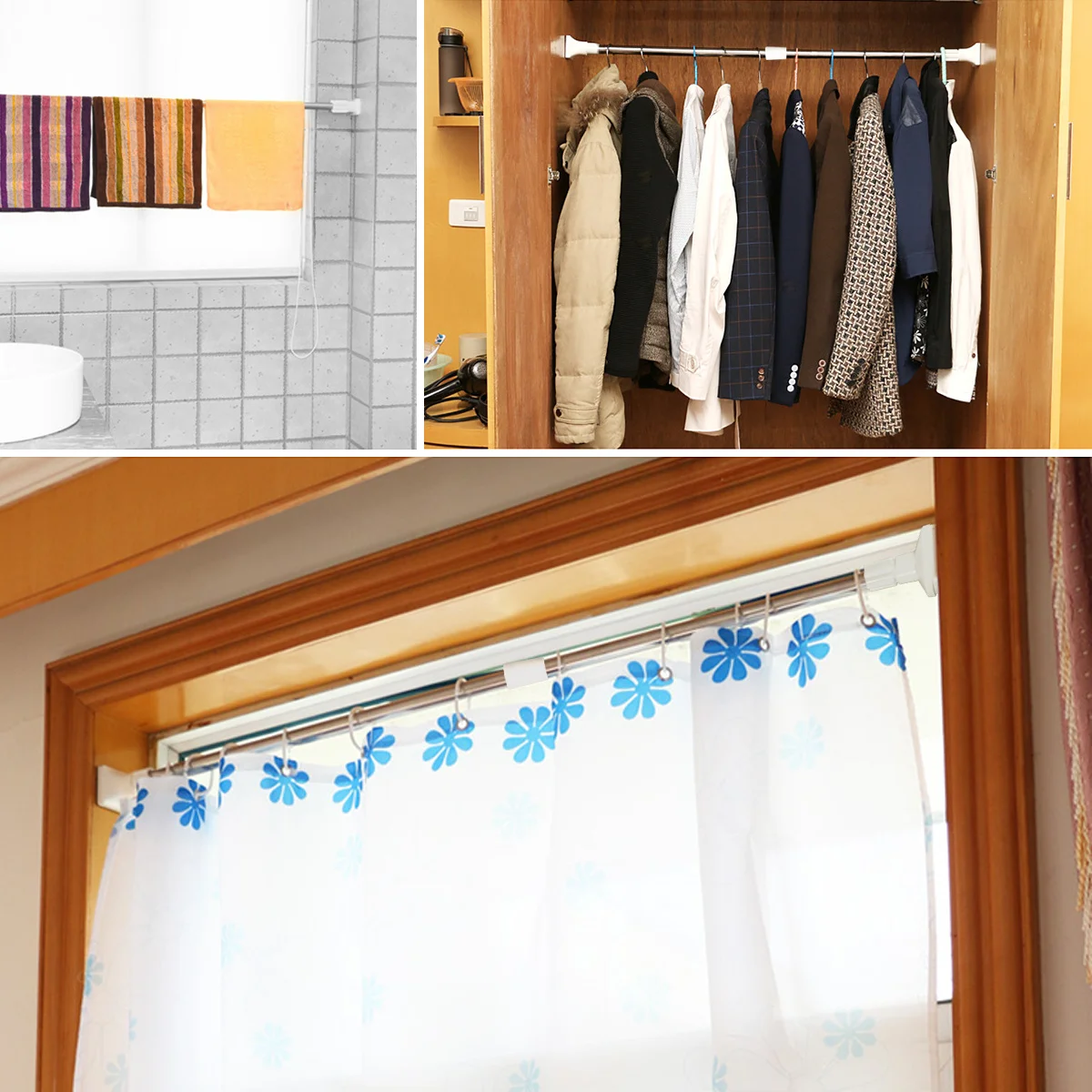 

Retractable Stainless Steel Clothesline Pole 38-48Cm Telescopic Curtain Rod Brackets Windproof Anti-Rust for Curtains Drapes
