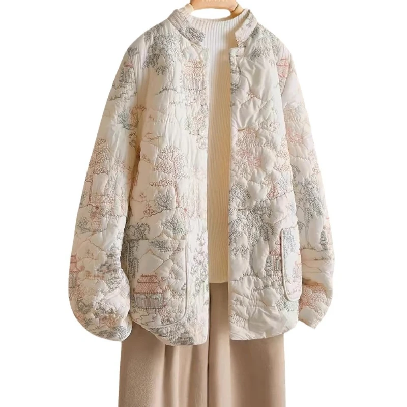 Parkas Women Coats Floral Embroidery Jackets Full Sleeve Thick Warm Y2k Streetwear Elegant Jacket Work Coat Autumn Winter 2025