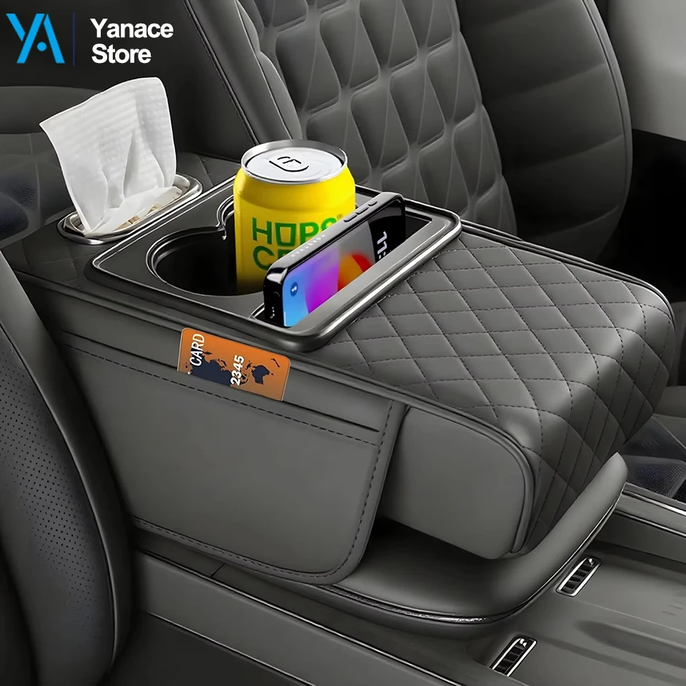 Car Armrest Cushion for SUV , 5-in-1 Center Console Cover with 2 Storage Bags, Tissue Box Slot, Phone Slot for Sedans, Car Inter