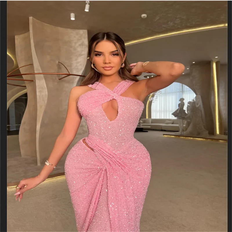 Personalizado rosa sereia brilhante lantejoulas vestidos de baile halter pescoço sem mangas vestidos de noiva recorte drapeado noite formal
