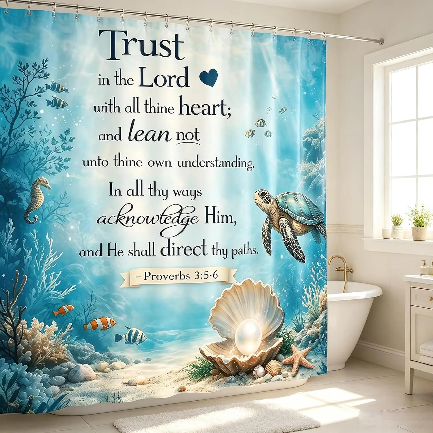 Sea Turtle Shower Curtain Ocean Bible Verse Christian Scripture Quotes Shower Curtains with Hooks Bathroom Decor