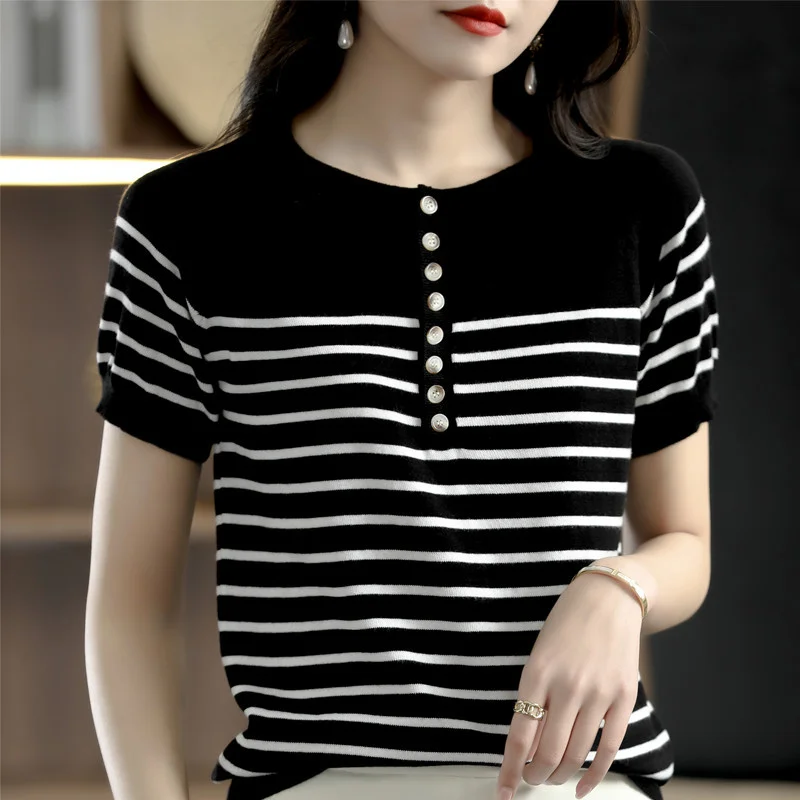 

100% pure cotton T-shirt women's knitted striped short sleeved casual round neck Tees summer basic loose Tops versatile