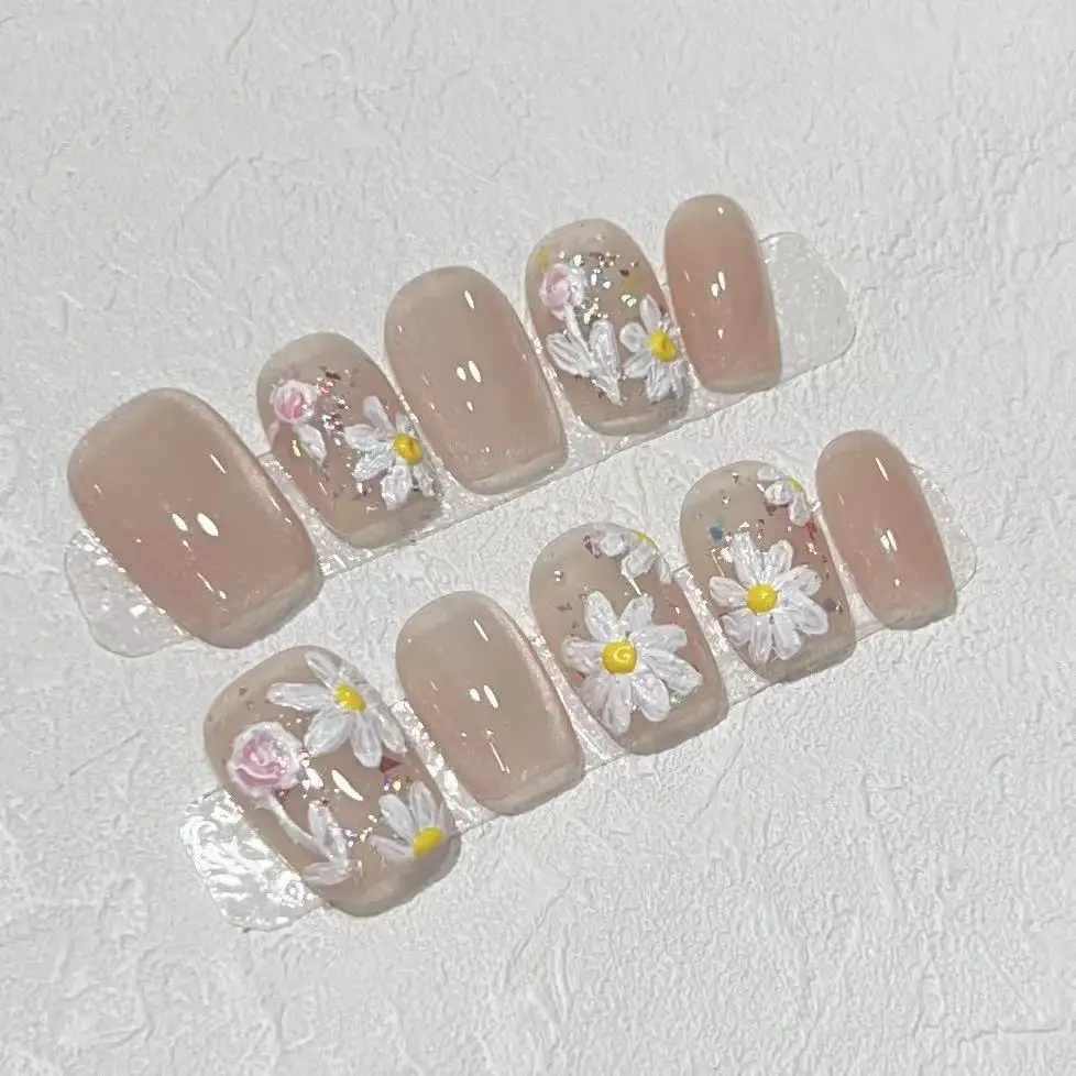 

10Pcs Handmade Short Artificial False Nails Hand-painted Summer Spring Flowers French Cat-eye Detachable Nail Stickers Fashion