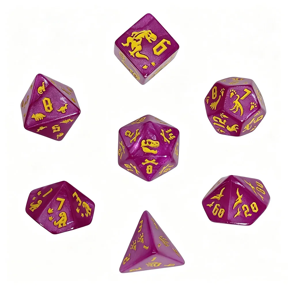 Dinosaurier-Themen DND Würfelset, 7-teiliges Lila Schimmerndes Würfelset mit Goldenem Dino-Skelett & Fußabdruck für DND Tabletop RPG & Brettspiele – Detail 2