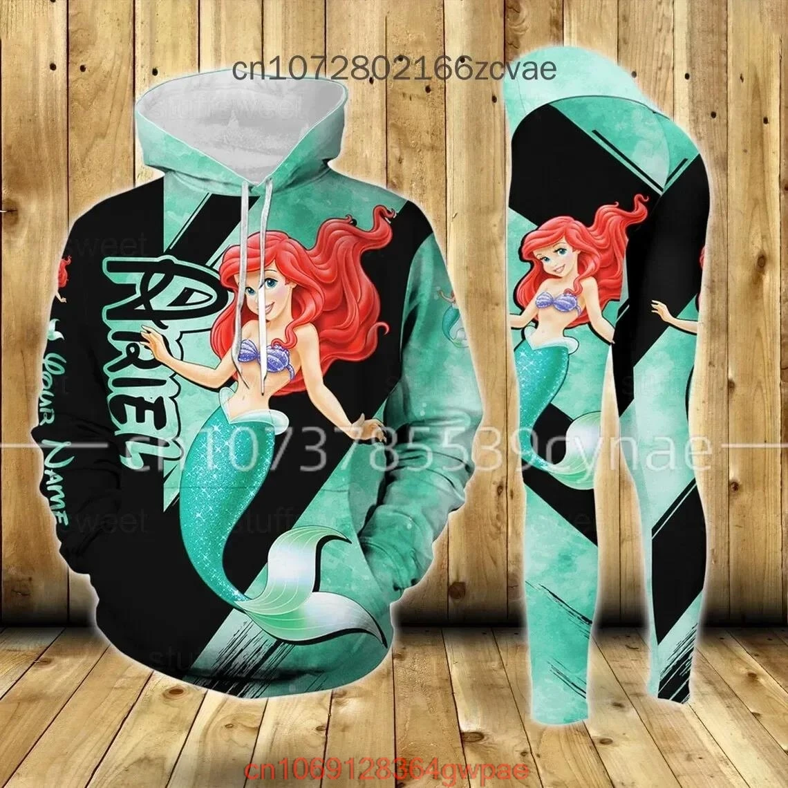 The Little Mermaid Ariel Womens Hoodie Leggings Set High Waist Yoga Pants Set Disney Yoga Leggings Hoodie Fashion Sports Suit