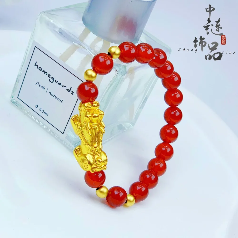 Exquisite PI xiu string men and women obsidian red agate 9999gold