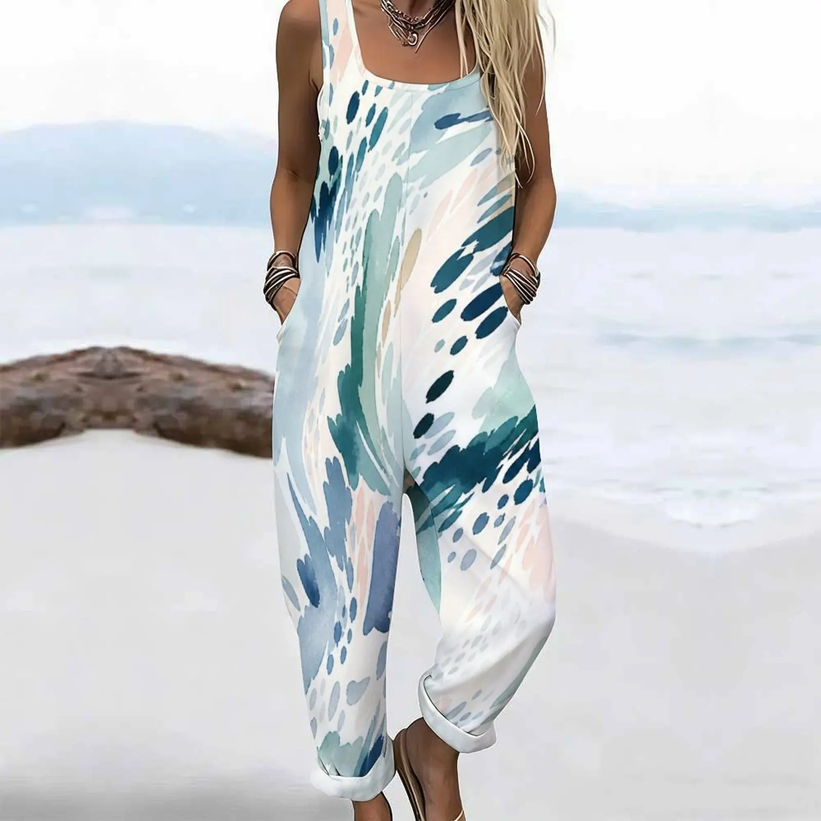 Women Printed Jumpsuit Square Neck Sleeveless Wide Straps Loose Fit Pockets Cuffed Ankle view 6