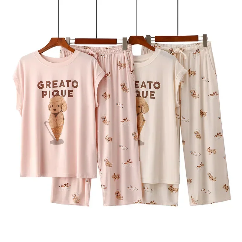 Cartoon Sleepwear Women's Summer Modal Thin Cartoon Ice Cream Dog Cut Sleeves Seven Quarter Pants Home Wear Round Neck Set