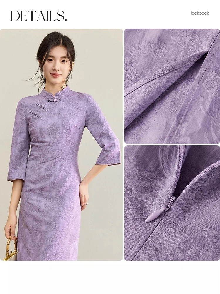 SENTUBILA Women's Elegant Stand Collar Dress 2025 Autumn New Chinese Style Frog Buttons Three Quarter Sleeve Dress Q53LI3773