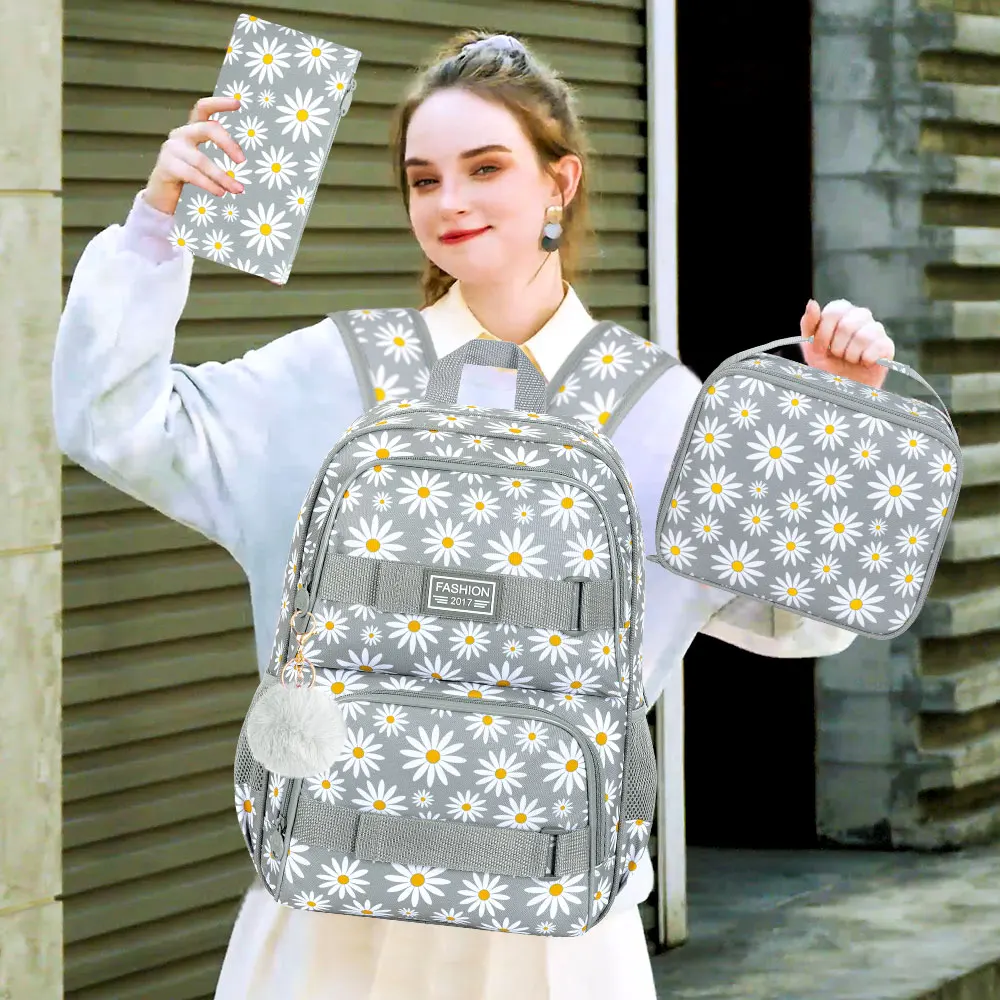 Zaino per ragazze Daisy da 3 pezzi, zaino per scuola per laptop da 17 pollici Zaini per bambini resistenti all'acqua per college per adolescenti con set di scatole per il pranzo - Grigio