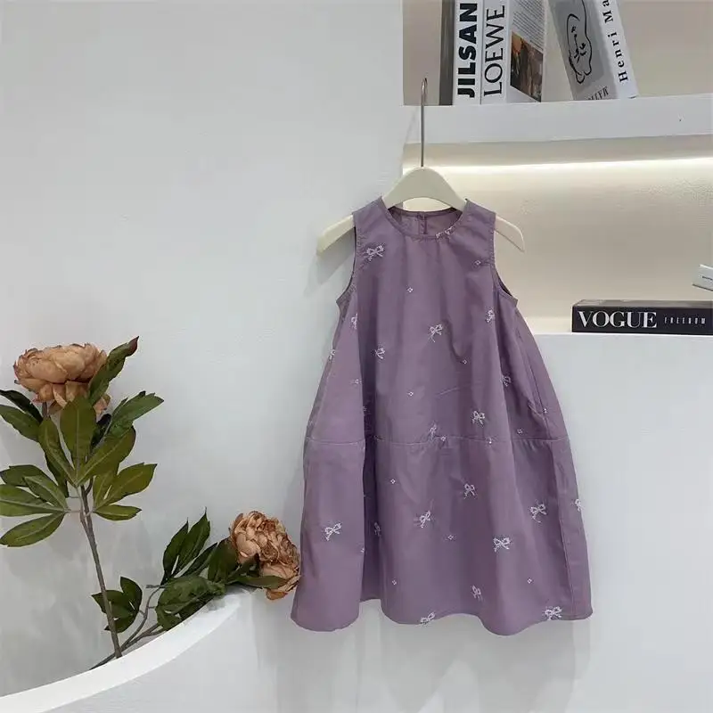 

Summer Kids girls chiffon o neck layered loose Dresses sleeveless solid bow vest Princess Children Vietnam for 3-15 Years Old