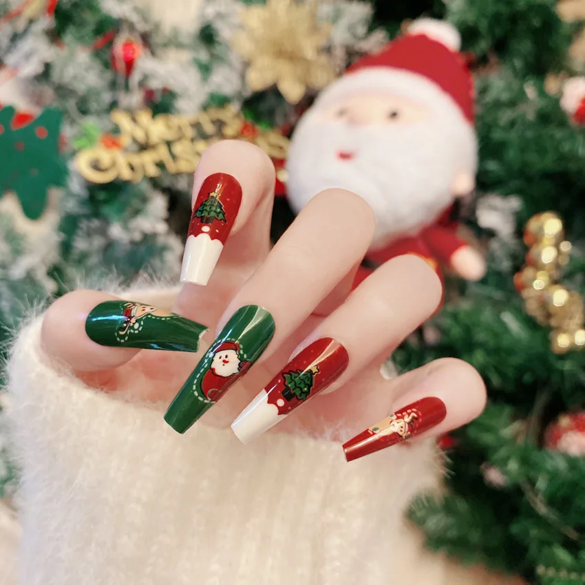 

Girls 24pcs Christmas Wearable Press On Nail Patch Santa Claus Elk Snowman Cartoon Print Fake Nails Women Artificial Wear Nails