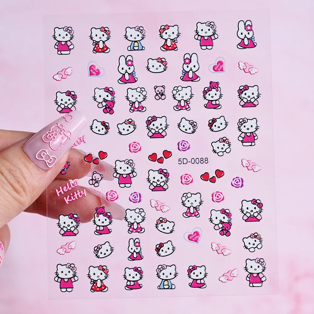 1Pcs HelloKitty 5D Embossed Nail Art Stickers Pink Cartoon Kitty Cat Kawaii Nail Decals For Kids Colorful Sanrio Manicure Decora