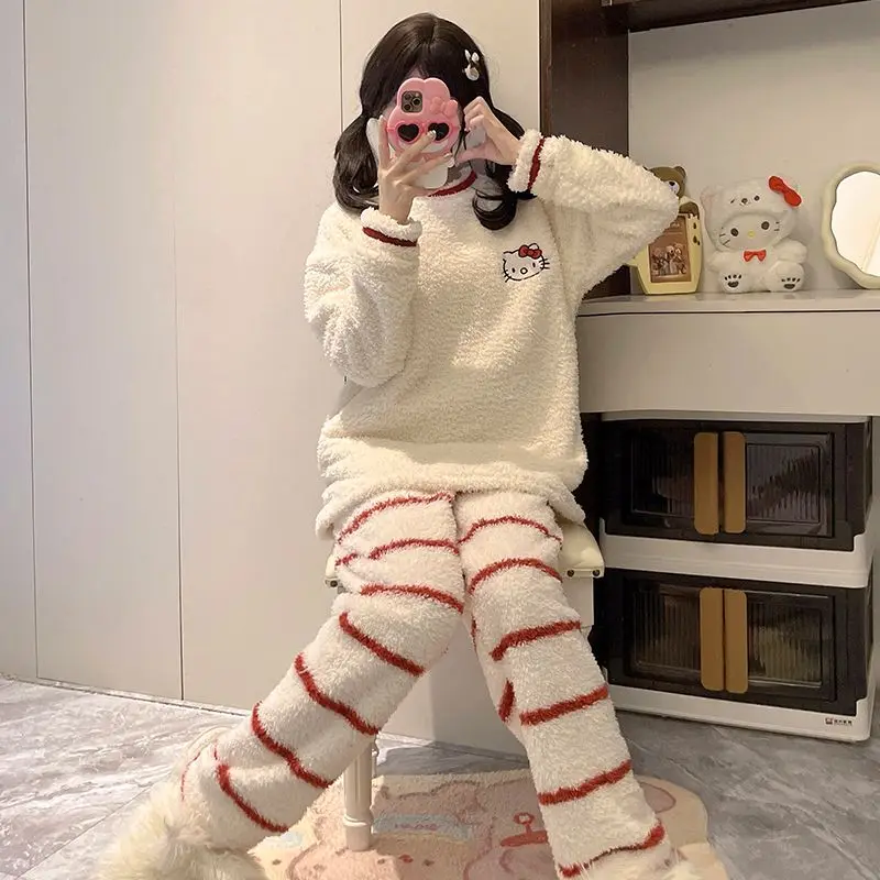 لطيف عارضة مريحة الكرتون HelloKitty نصف المخملية منامة للفتيات الخريف والشتاء سميكة المرجان المخملية الدافئة ملابس المنزل مجموعة #5
