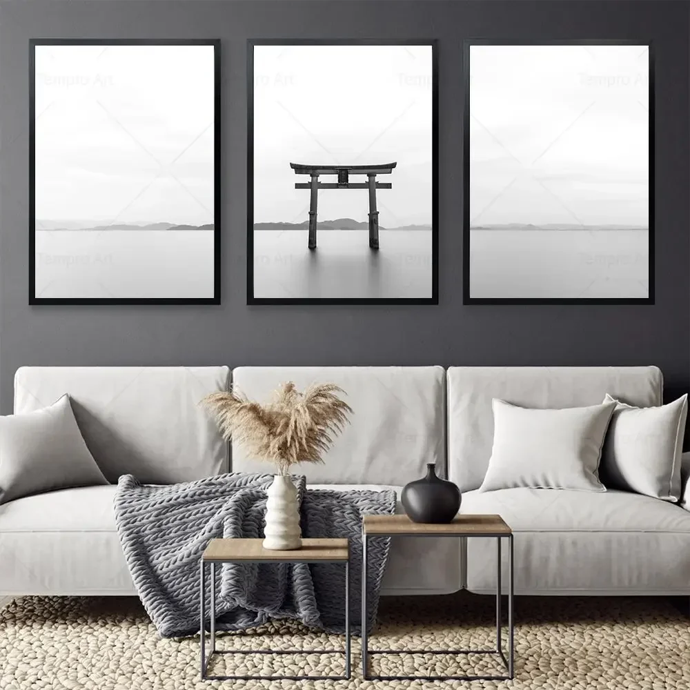 Torii Gate Canvas Painting Abstract Seascape Black White Poster Modern Landscape Prints Pictures Asian Japanese Room Home Decor