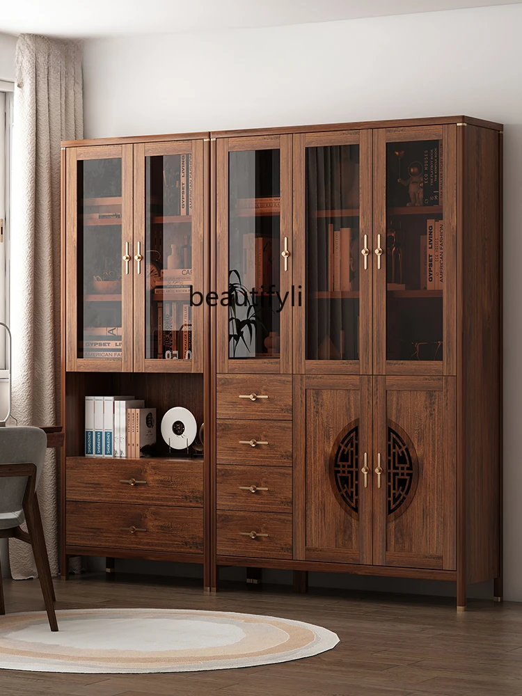 Bookcase New Chinese Retro Assemblage Zone Glass Door Bookcase Wall Burlywood Storage Study Integrated