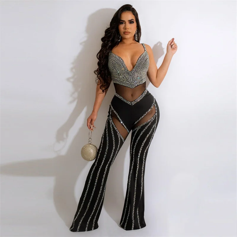 

Diamonds Sheer Mesh Patchwork Camisole Jumpsuits Women Sexy V Neck Spaghetti Straps Backless Flare Pants Party Overalls Clubwear