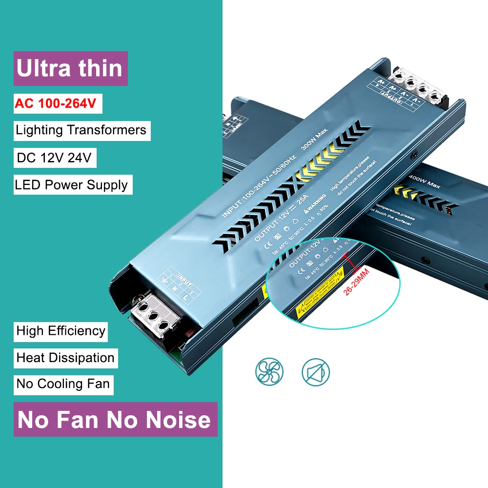 Transformadores de iluminación LED DC 12V 24V fuente de alimentación ultrafina 60W 100W 150W 200W 300W 400W controlador LED ajustable para luces de tira