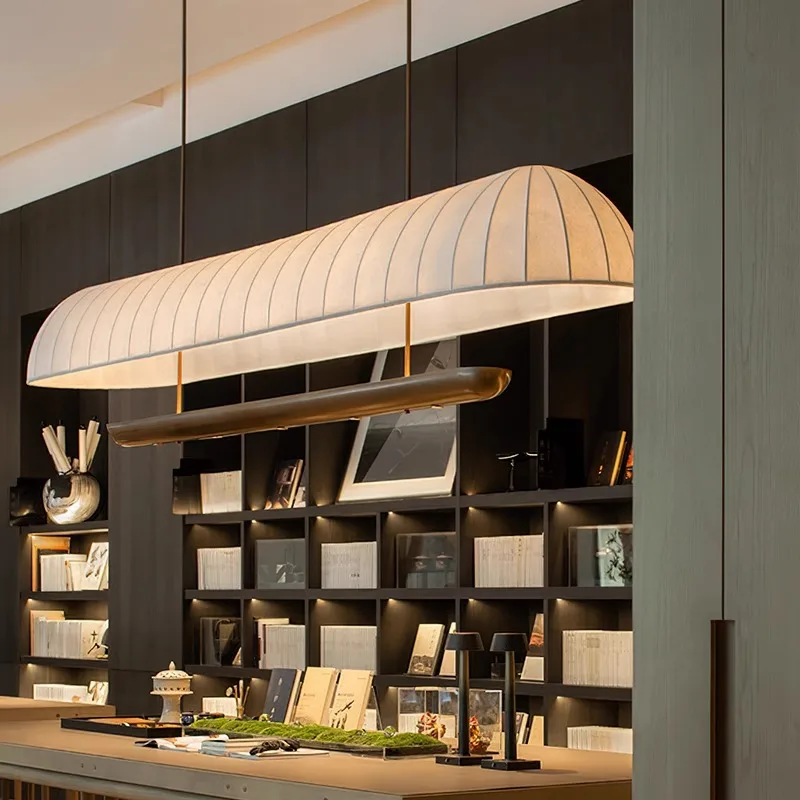 

Japanese Retro Long Strip White Fabric LED Pendant Lights Iron Art Hanging Lamp Living Room Restaurant Kitchen Island Chandelier