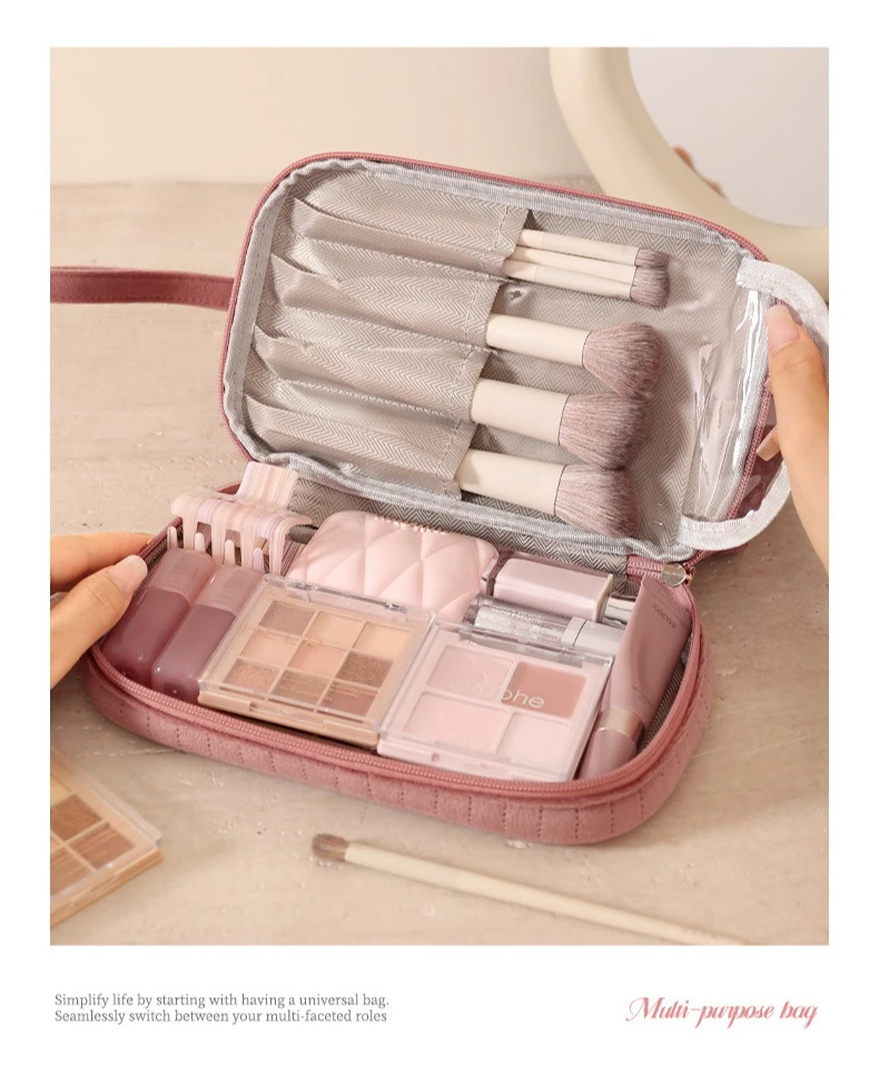 Tragbare Make-up-Organizer-Tasche, große Kapazität, Kosmetiktasche mit mehreren Fächern für Pinsel, Kosmetika, Reiseaufbewahrung – Detail 7