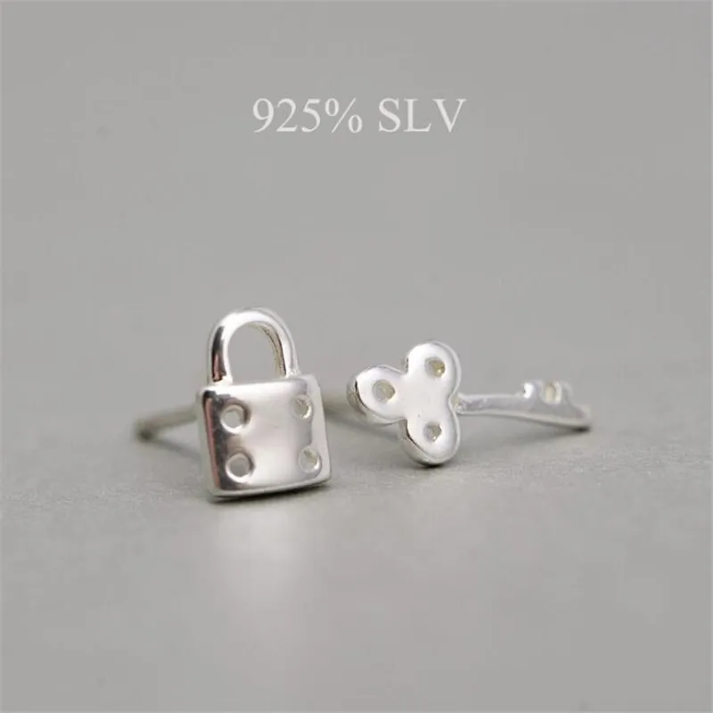 New Creative And Personalized 925 Sterling Silver Jewelry Personality key lock Asymmetrical Stud Earrings E040