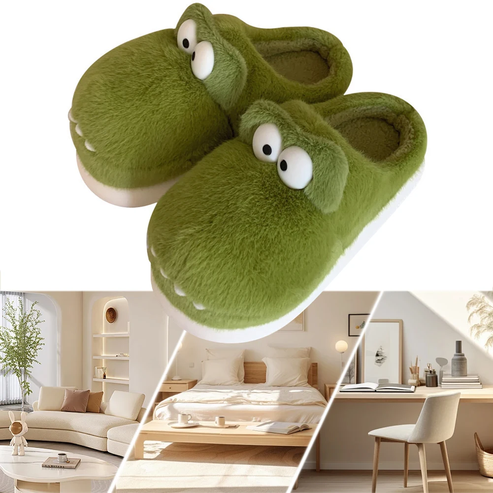 

Plush Crocodile Slippers Closed Toe Slippers Cute Slip-on House Shoes Comfortable Furry Walking Shoes Non-Slip for Autumn Winter