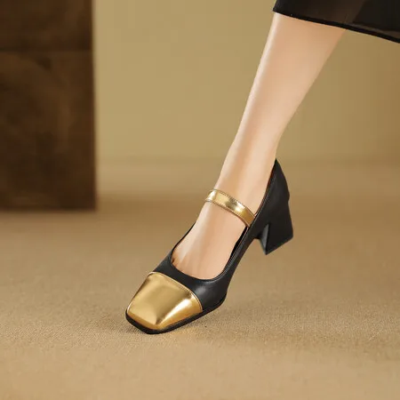 Square-toe High-heeled Shoes, Feminine Temperament, Advanced Black Mary Jane Shoes, Thick Heels and Leather Shoes.