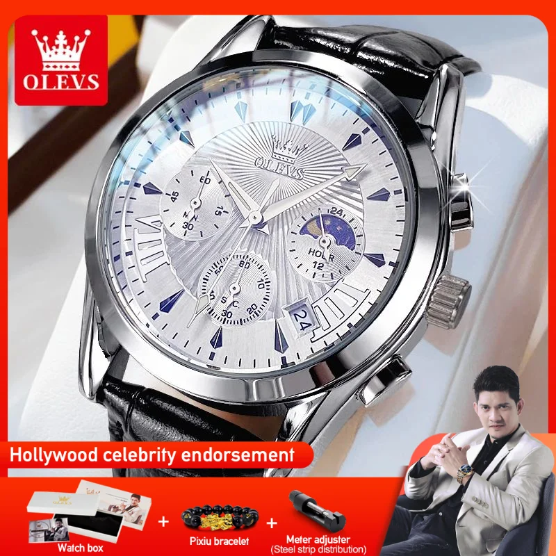 OLEVS 2876 Men Watch Waterproof Luminous Quartz Wristwatch Dial Multifunctional Chronograph Watch Single Calendar Moon Phase ﻿