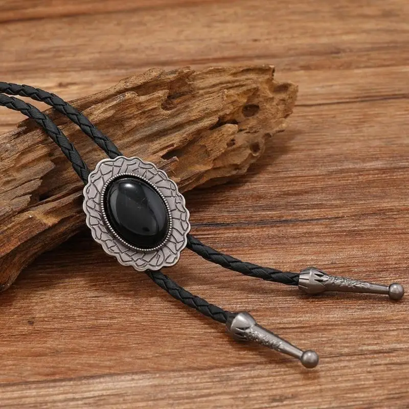 3Pcs Faux Leather Bolo Tie Necktie Handmade Flower Stone Jewelry Pendant Cowboy Artificial Leather Rope Western Necklace