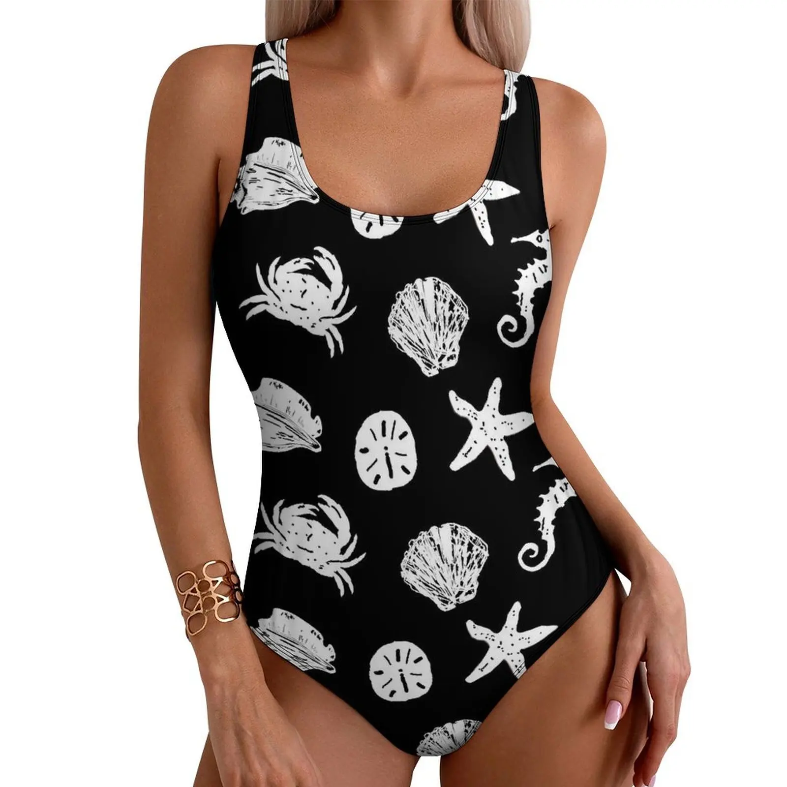 

Купальник с морскими ракушками, сексуальный черно-белый цельный купальник, боди с эффектом пуш-ап, современный праздничный пляжный костюм Rave