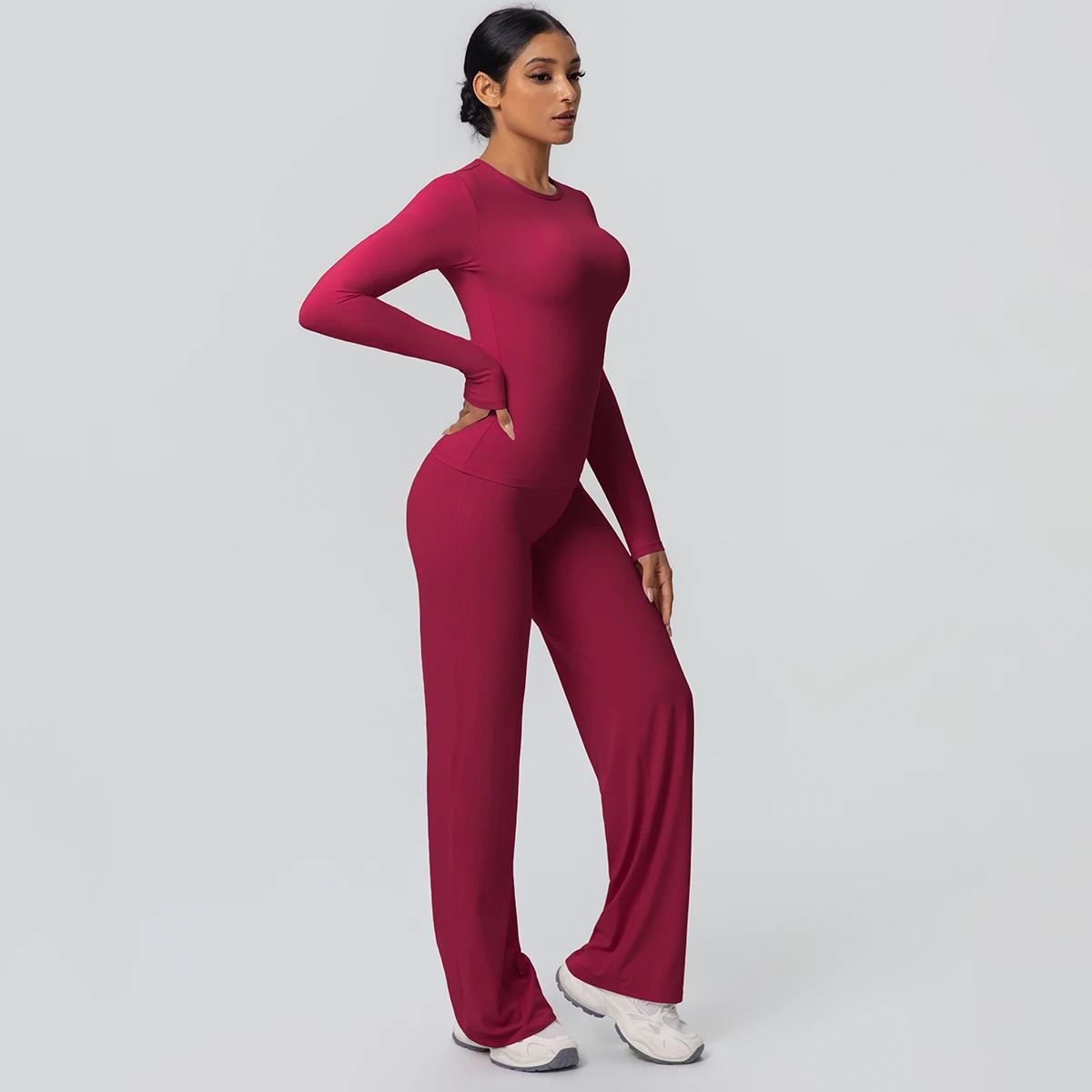 2 stück Frauen Gym Yoga Set Lauf Shirts Schlank Lange Ärmel Workout Top Schnell Trocknend Hohe Stretch Breite Bein Hosen dünne Yoga Set – Detail 40