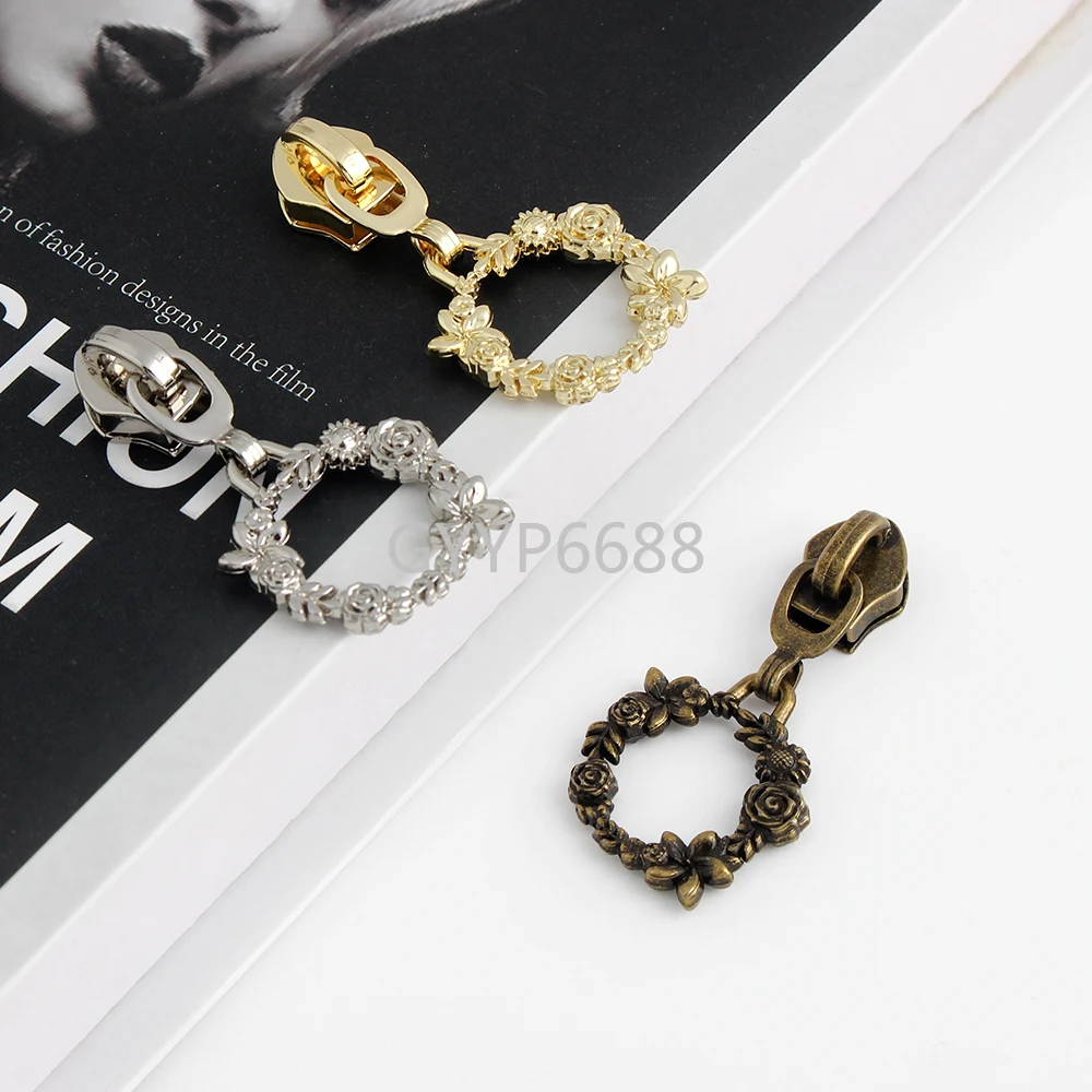 10-50-100PCS Flower Wreath Ring Shape 5# Nylon Zipper Sliders Head For Purse Bags Zip Pendant Repair Garment Decor Accessories