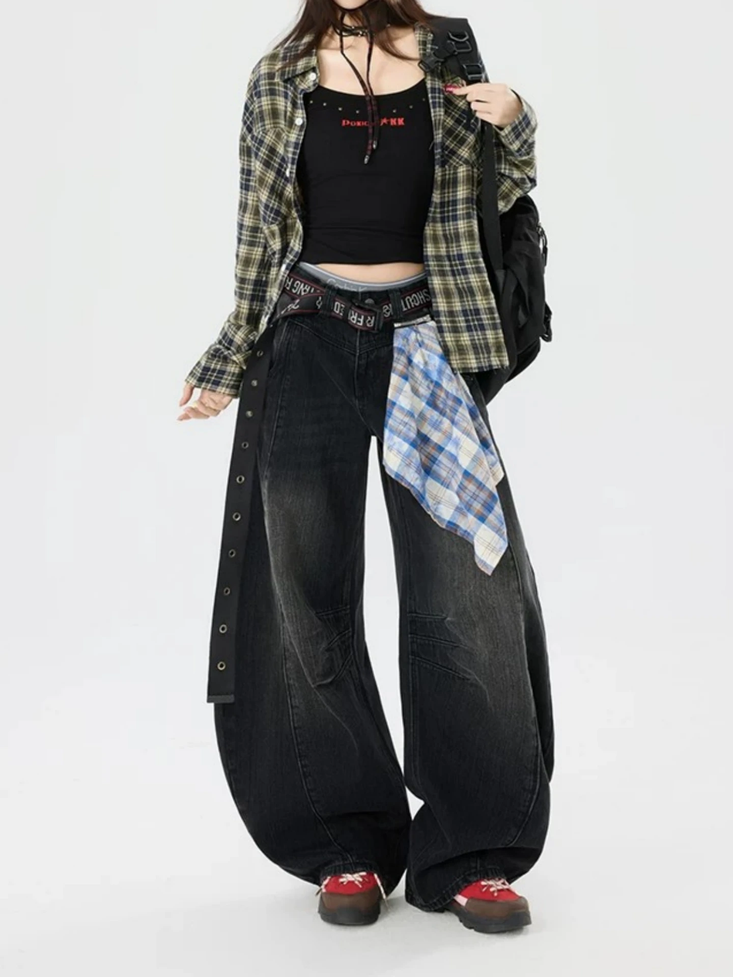American Retro Wide Leg Knife  Jeans Women's Detachable Scarf Loose Banana Pants Trendy Flared Street Style Casual Jeans