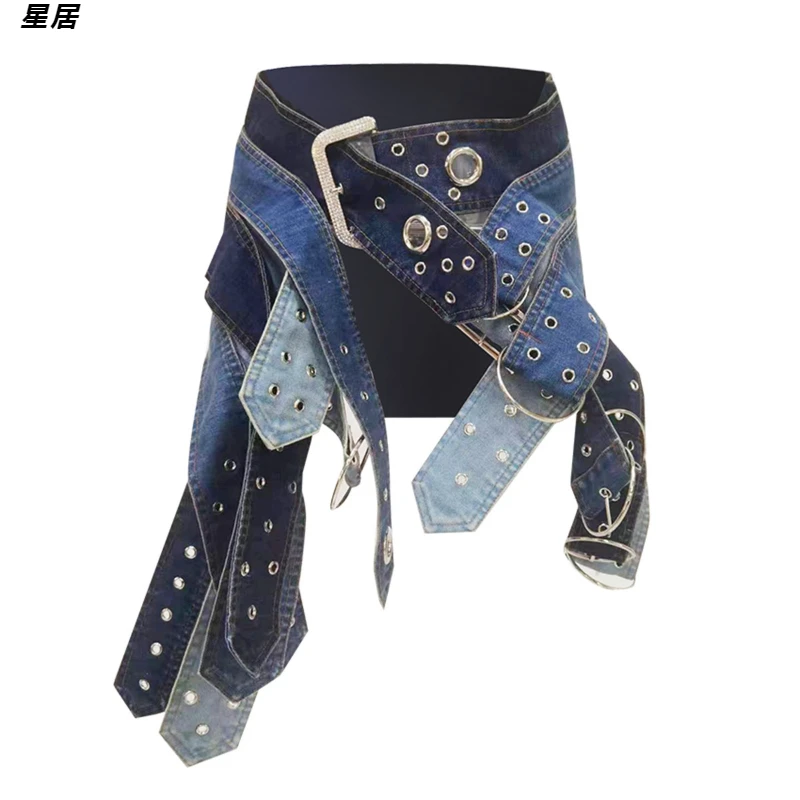 Kpop Korean Singer Concert Irregular Belt Denim Skirt Women Jazz Dance Costume Stage Outfit Nightclub Girl Stage Dance Clothing