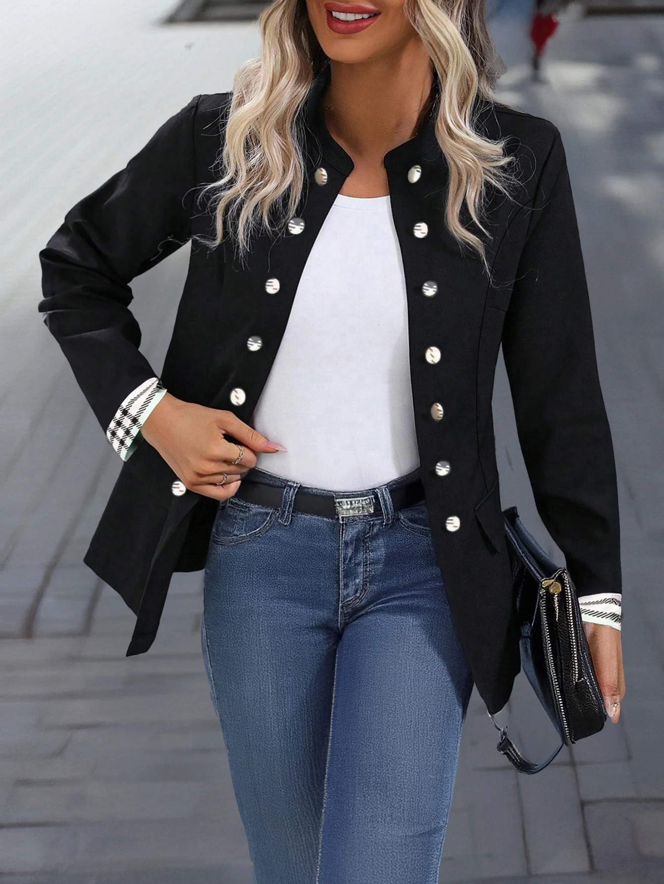 Damska czarna kurtka wojskowa z imitacji zamszu, długi rękaw, dwurzędowa, zapinana na guziki, codzienna odzież wierzchnia 2025