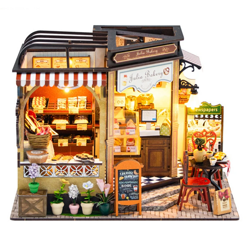 DIY ไม้ Julia เบเกอรี่ Casa บ้านตุ๊กตา Miniature ชุดตุ๊กตาเฟอร์นิเจอร์ไฟ Cottage สําหรับของขวัญวันเกิดเพื่อน