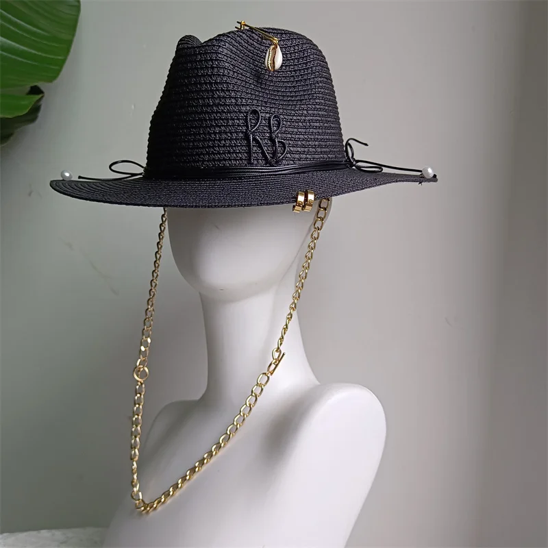 Women's Beach Hat Black Letter Ribbon Decoration Elegant Women's Party Dress Hat Travel Beach Sun Hat