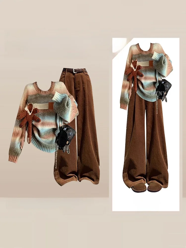 

Уникальный вязаный свитер в полоску и повседневные брюки, комплект из двух предметов для женщин, осенний сезон, цветной дизайн с воротником, модный ансамбль