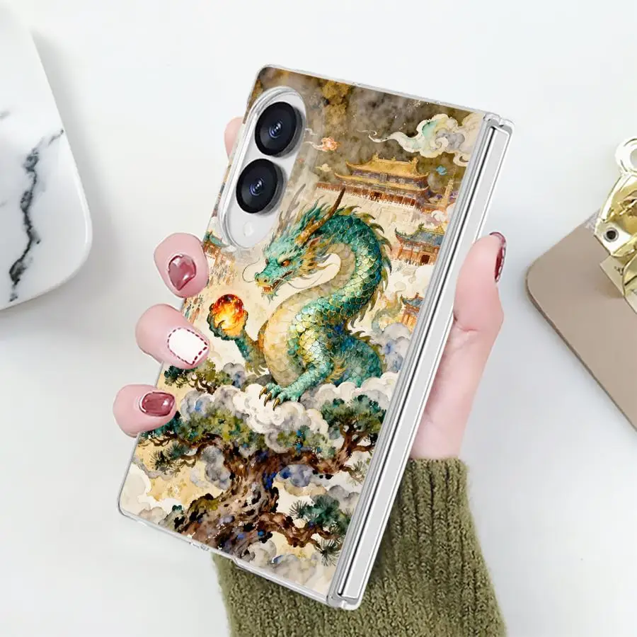 Transparent Phone Cover Case for Samsung Galaxy Z Fold 8 ZFold 8 PC Hard Luxury ZFold8 Traditional Dragon Art
