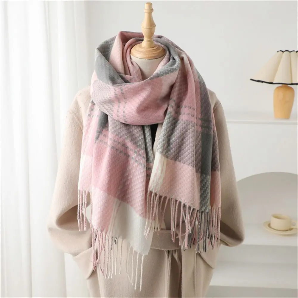 Fashion Winter Warm Tassel Plaid Scarfs Cashmere Imitation Solid Shawl Wrap Nordic Style Pashmina for Women