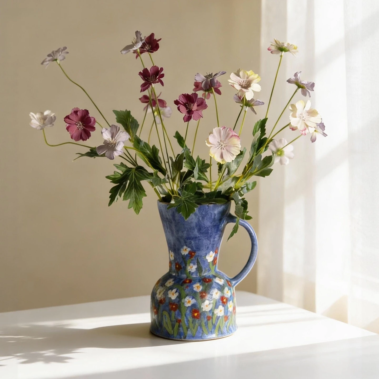 Hand‑Painted Floral Ceramic Pitcher Vase Handmade Blue Vase with Handle for Fresh Dried Flowers Home Table Decor Ornament