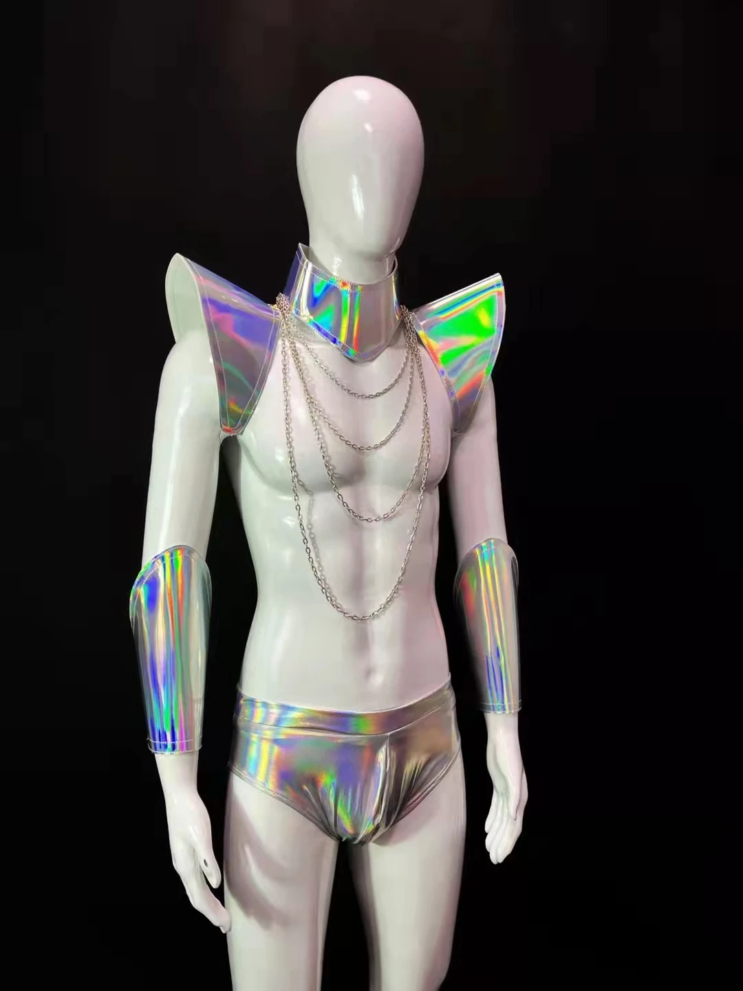 

New Leather Club Party Nightclub DJ Gogo Sexy Silver Costume Stage Show Wear Cuff Outfit Muscle Men's Space Mirror Armor Set