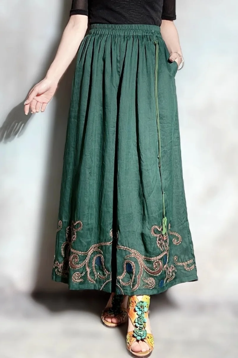 

New Green Wide-leg pants 100% linen Vintage embroidery casual loose Women's pants national style elastic waist pantskirt