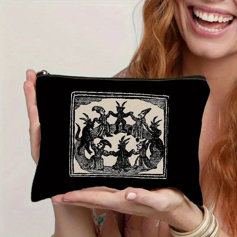 1 Piece of Fashionable Gothic-Style Demon Print Makeup Bag - Multifunctional Zipper Pouch for Women, Perfect Travel Zipper Storage Bag, Fun Birthday Gift