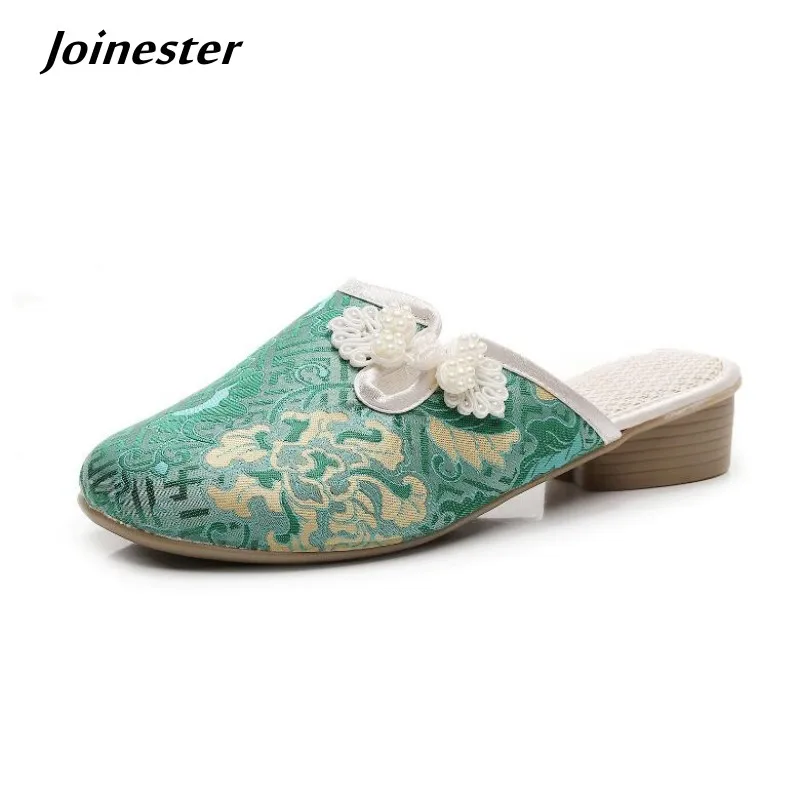 

Women Embroidered Canvas Mules Round Toe Vintage Mid Heel Slipper Summer Outdoor Casual Slides for Lady Dress Shoe