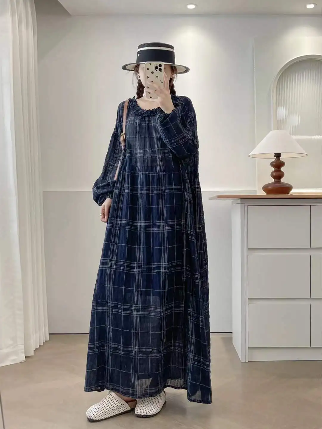 [즉시 배송] 고품질 여성용 100% 면 블라우스 셔츠 체크무늬 드레스 루즈핏 대형 사이즈 긴팔 여성용 롱 드레스